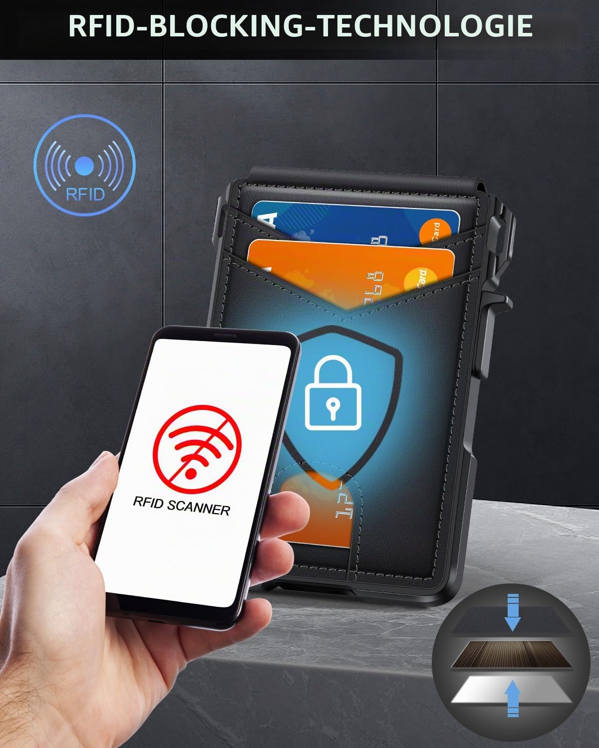 Geldbörse für Herren, minimalistisch, 9–13 Karten, schlanke, kompakte Geldbörse mit Geldklammer und Ausweisfenster, RFID-blockierend, intelligentes Pop-Up-Kartenetui, Metall, Aluminium