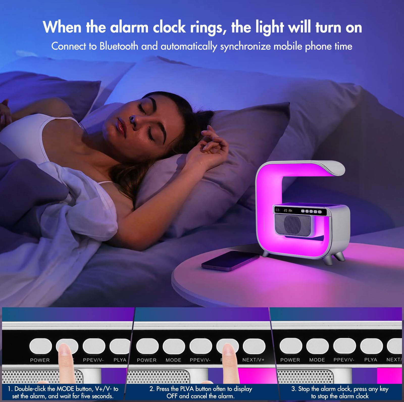 Lampe De Table Multifonction - Chargeur Sans Fil, Bluetooth, Veilleuse Colorée Et Réveil