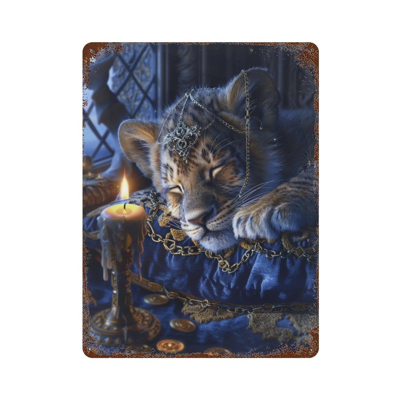 Royal Tiger Cub Crowned Weathered Tin Sign 15.7"x11.8", Ideal for Patio, Garden Room And Bar Decor