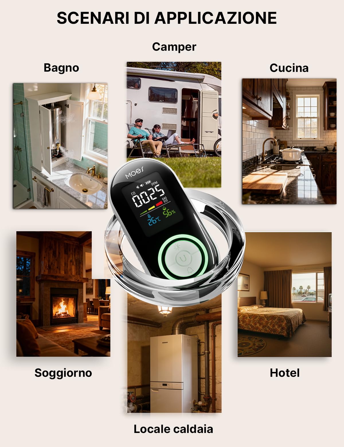 Rilevatore Monossido di Carbonio e Gas con Presa di Corrente - Rilevatore CO 4 in 1 con Sensore Temperatura & Umidità - Allarme Sonoro per GPL, Propano, Metano, Etano & CO - Per Casa e Camper