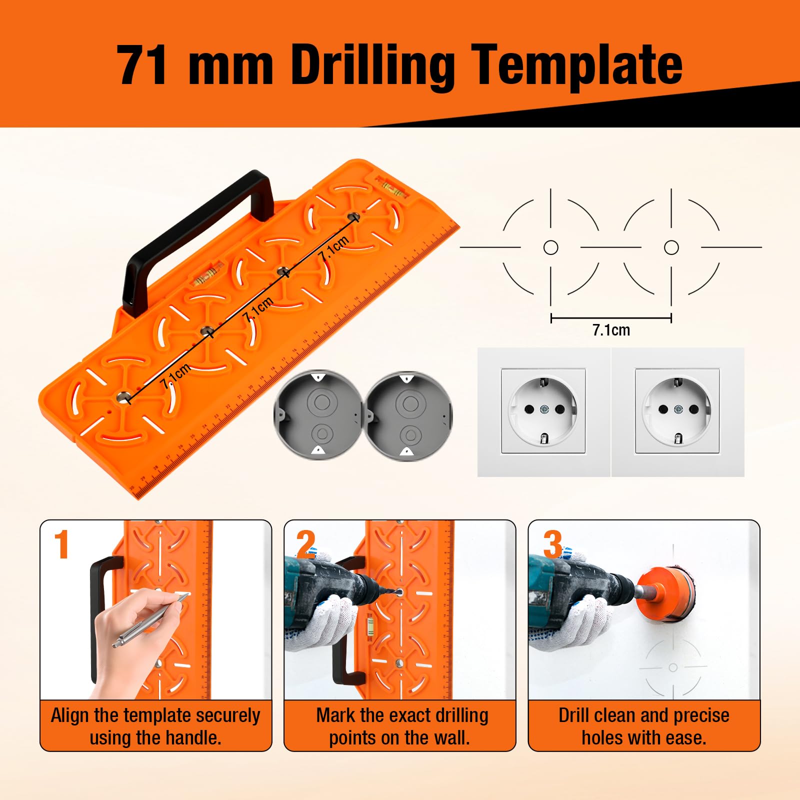 Plantilla de Taladro para Enchufe 71 mm – Caja Empotrada y Paredes Secas – Nivel de Burbuja y Regla Integrada, Herramienta de Precisión para Instalación Eléctrica(Naranja)