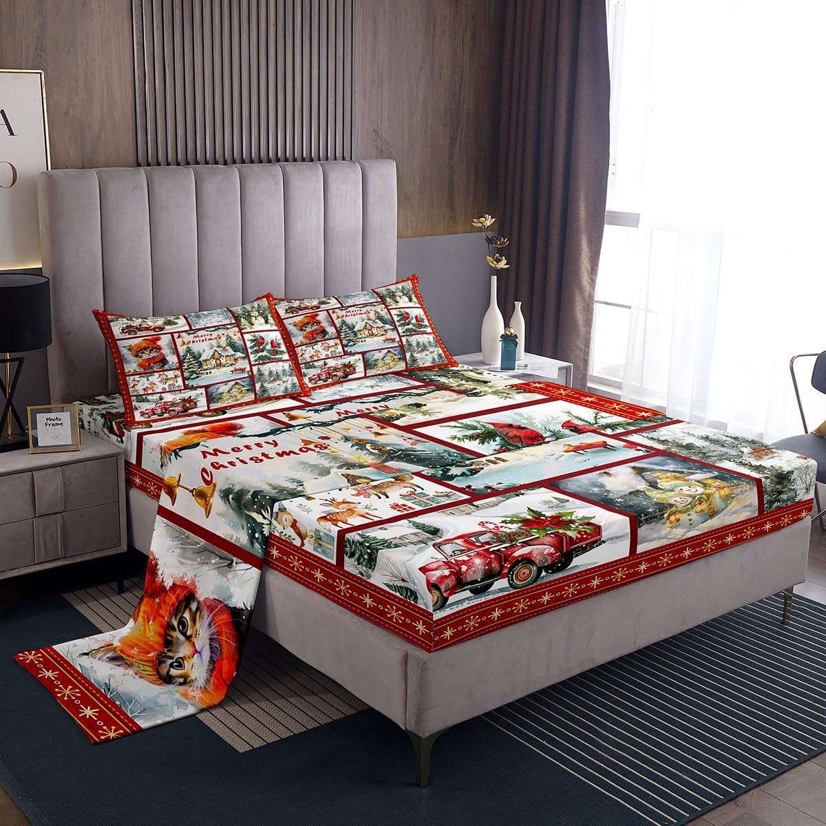 Christmas Grid Bed Sheet Queen Size Snow Scene Sheets Sets Adults Bedroom Decor Cat and Deer Microfiber Bedding Set with Flat,Fitted Sheet,2 Pillow Cases