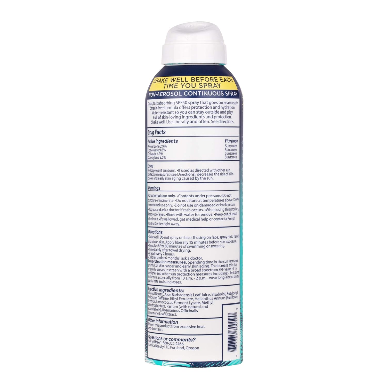 Pacifica Beauty Sun + Skincare Sport Sunscreen Spray With Coconut Probiotic, SPF 50, 6 Fl.Oz