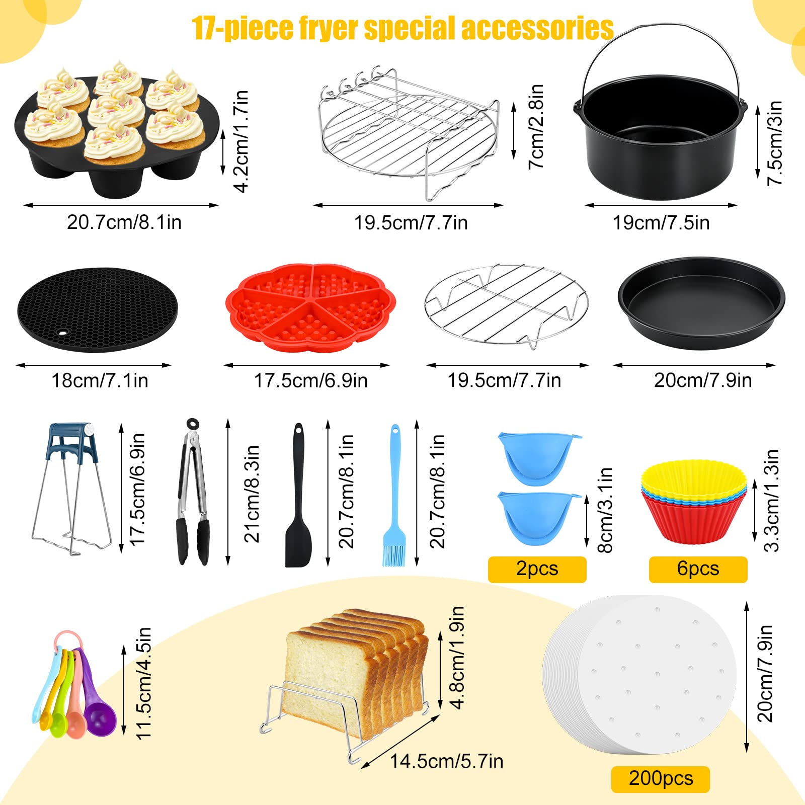 Platz Air Fryer accessoireset, 6 stuks incl. vierkante cakemmer/vierkante pizzapan/metalen houder/multifunctioneel rek met spiesen/siliconenmat, geschikt voor alle merken groter dan 5,5 L