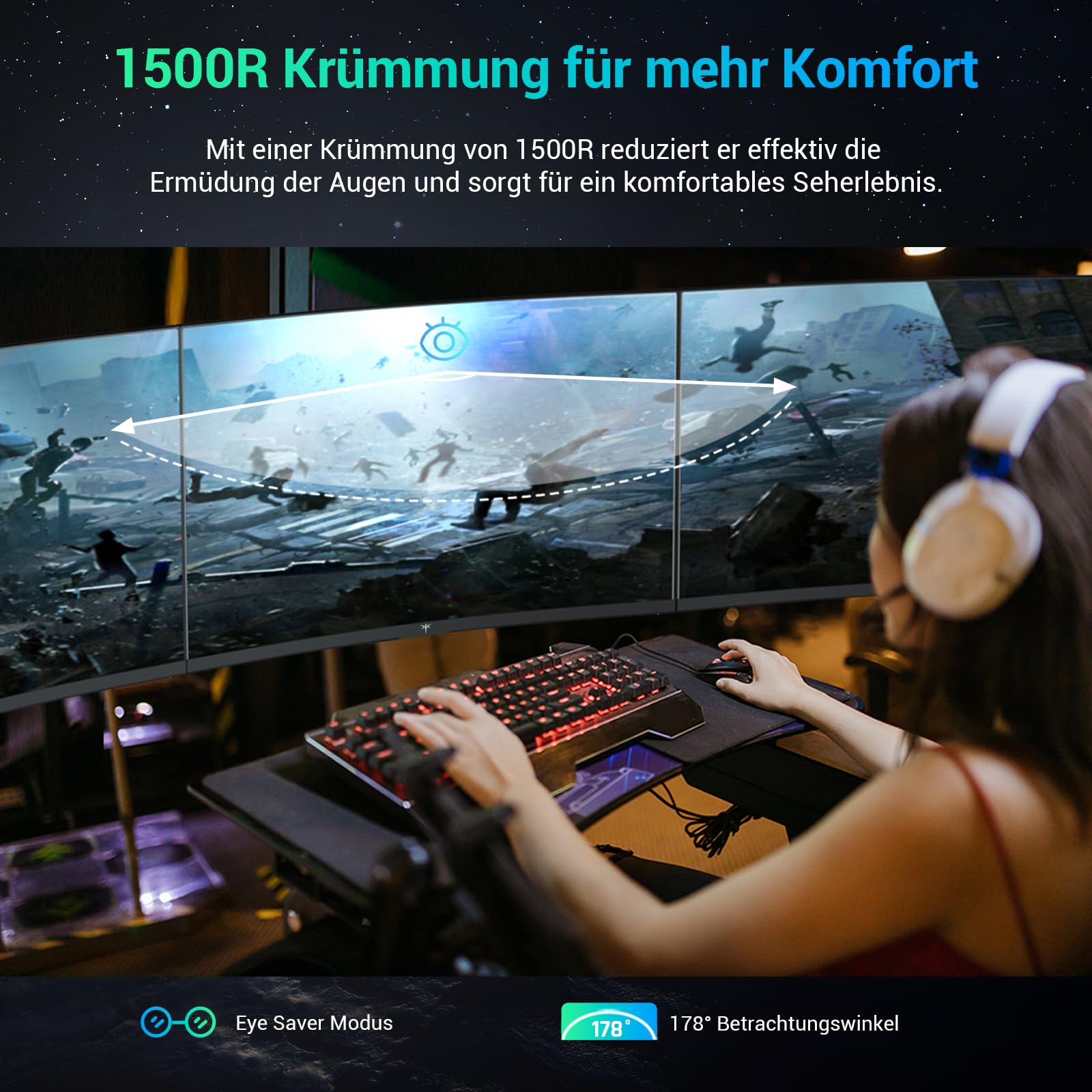 KTC Monitor Gaming Curvo 27 Pollici, 170Hz, 2K QHD 2560 x 1440p Schermo PC, VA 1500R Senza Cornice, 1ms, HDR, 165Hz 144Hz Computer Monitor con FreeSync & G-sync, Eye Care, VESA, DP, HDMI, H27S17