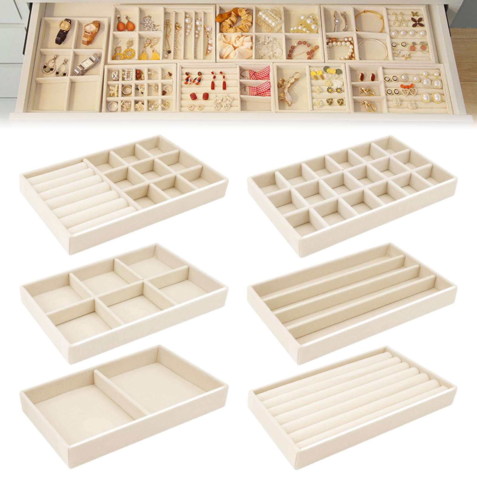 SUKARNE 6 bandejas para joyas, terciopelo para cajones, organizador de joyas apilable, cajón de almacenamiento para pendientes, anillos, pulseras, broches, collares (beige)