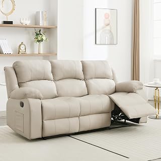 GNMLP2020SinkintoComfort 3-Seater Manual Recliner Sofa with Side Pockets, Beige - Pet-Friendly Reclining Couch for Living Room, RV