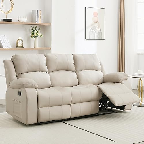 Manual Recliner Sofa, 3 Seater Reclining Couch with Side Pocket for Living Room, RV, Home Theater(3 Seat,Beige)