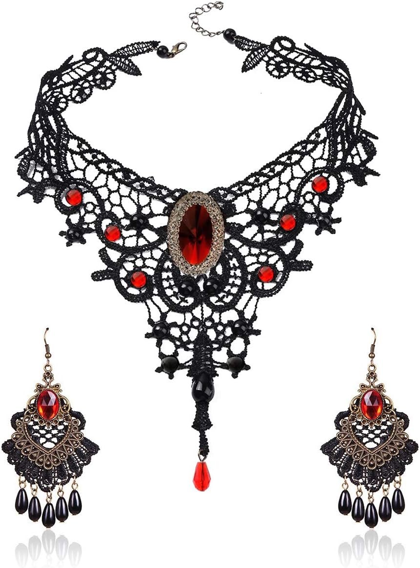 Choker Necklace Earrings Set for Halloween Punk Steampunk Costume Party Women Gothic Black Lace Necklace Vintage Lolita Victorian Halloween Choker Vampire Pendant (Red)