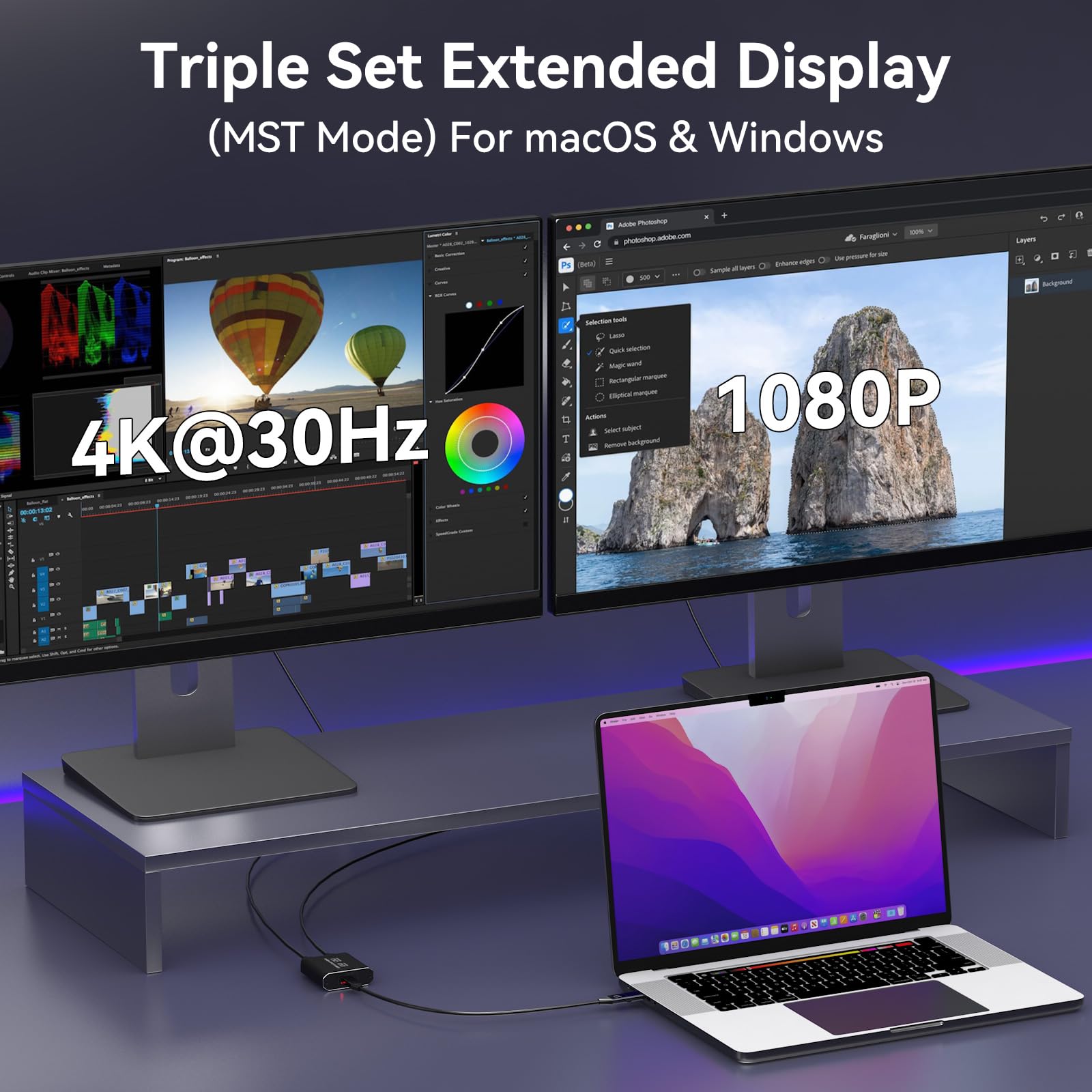 Splitter HDMI Display esteso per doppio monitor USB A & C a 2 hdmi Adapter 1 in 2 Out per laptop Mac Triple Set Supporto MST & SST modalità; 4K @30Hz Out 1, 1080p Out 2