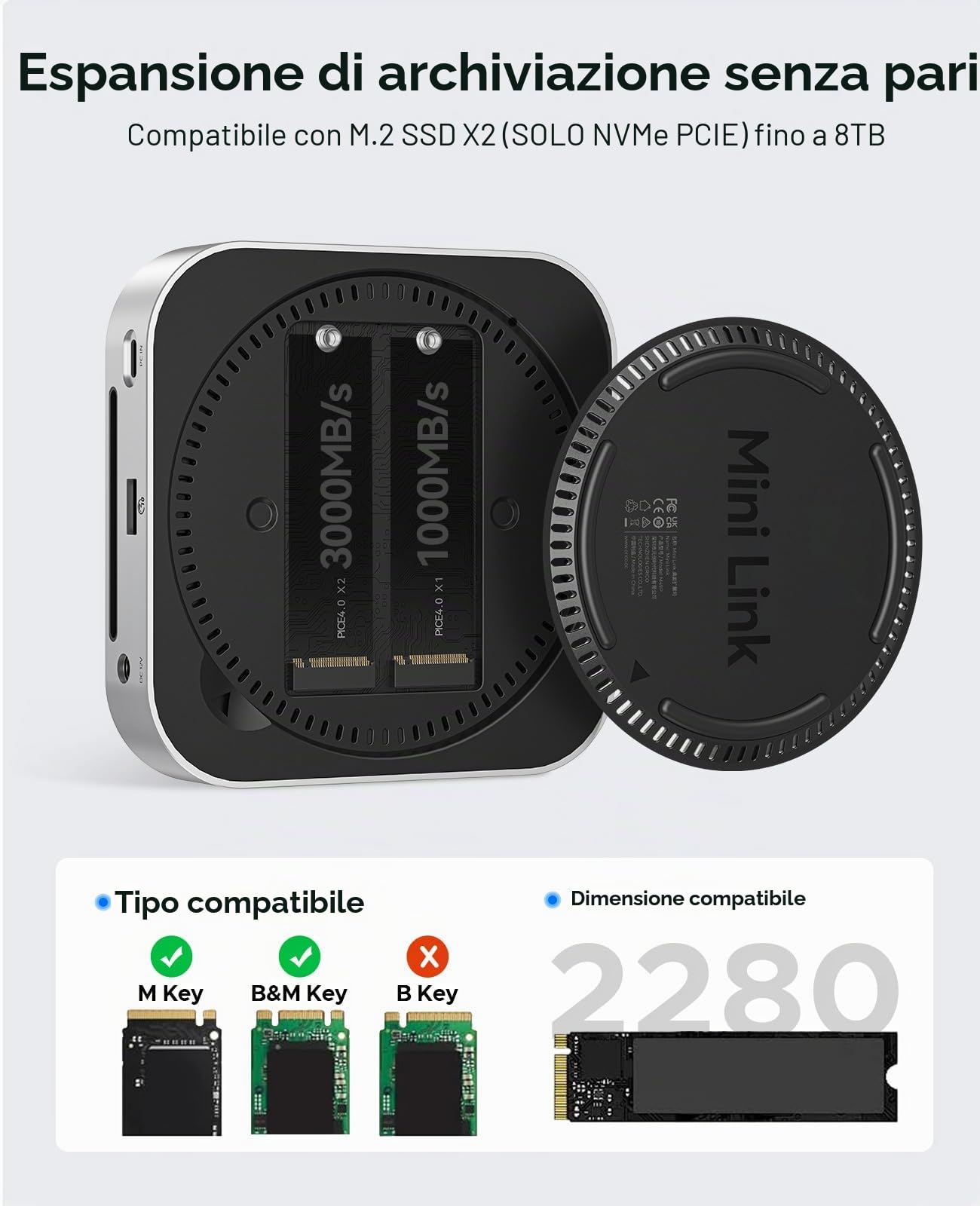ORICO 40Gbps MiniLink M47P Hub Compatibile con Mac Mini M4, USB C Dock in Alluminio con Doppio Alloggiamento SSD per M.2 NVMe, fino a 3000MB/s, 3 USB 3.2, SD/TF 4.0