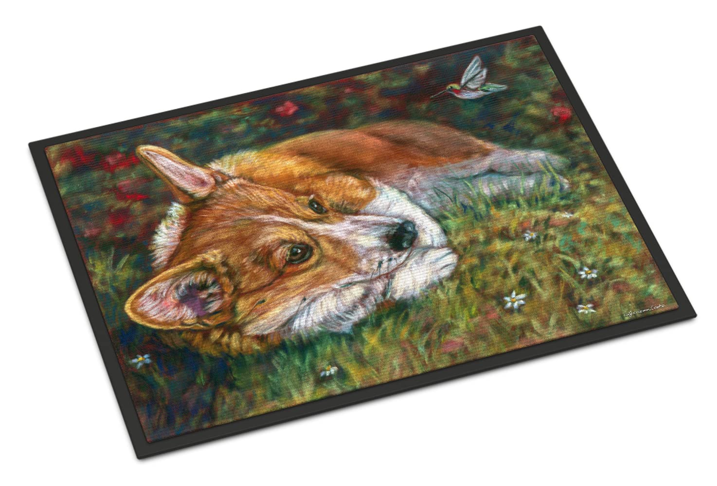 Caroline's Treasures 7326JMAT Corgi Pastel Hummingbird Doormat 24x36 Front Door Mat Indoor Outdoor Rugs for Entryway, Non Slip Washable Low Pile, 24H X 36W