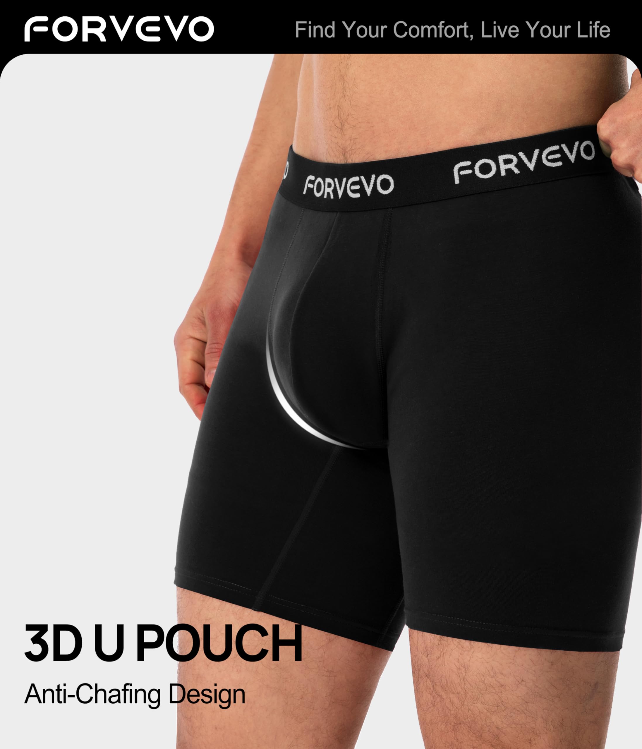 FORVEVO Confezione da 3 boxer da uomo, in cotone, a gamba lunga, traspiranti, anti sfregamento, senza etichette pruriginose (M-XXL), Nero , XXL