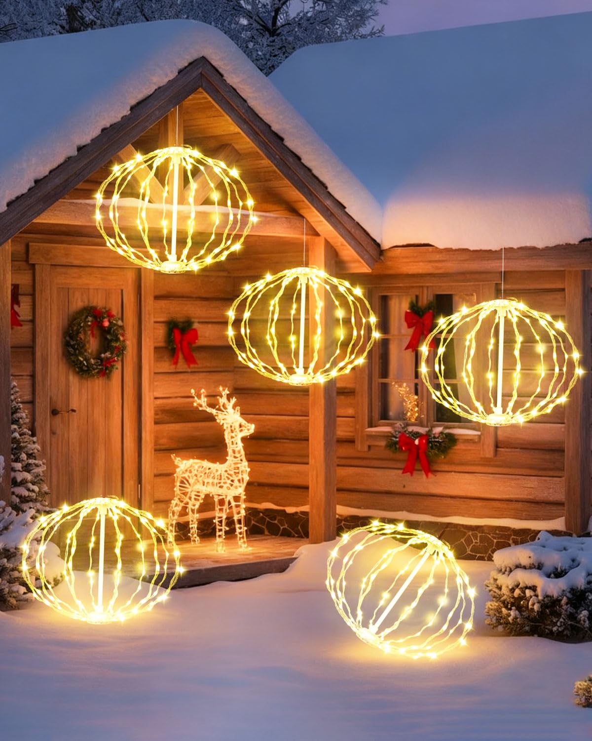 Bowfar Guirlande Lumineuse Extérieure Électricité, 20 cm Pack de 4 Grande Boule Guirlande Lumineuse Suspendue Arbre de Noël avec Télécommande Minuterie, Globe Éclairage de Noël, Blanc Chaud