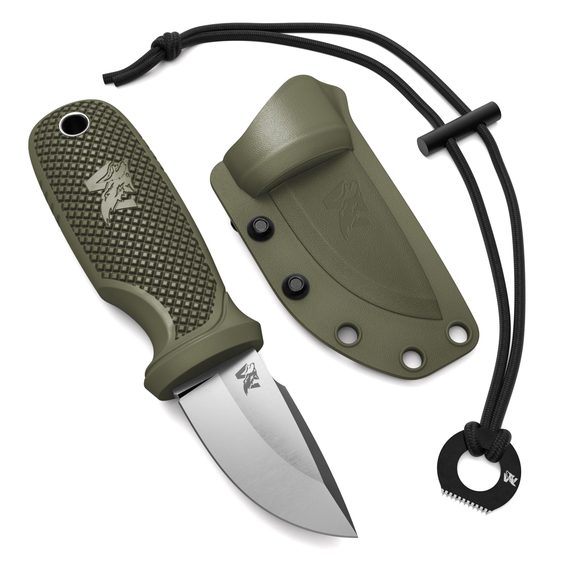 ODENWOLF W-MINI - Kleines EDC Messer aus D2 Stahl - Feststehend mit Holster und Feuerstahl - Outdoor Messer, Handlich und als Halskette tragbar