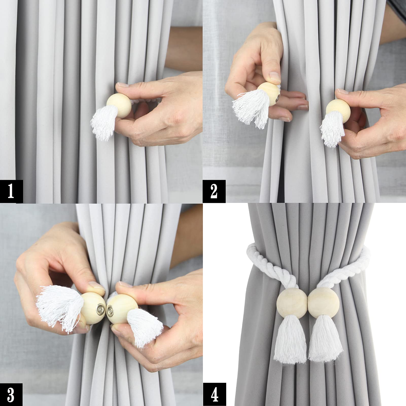 Confezione da 6 fermatenda magnetici bianchi in cotone intrecciato a mano con fermatenda decorativi per tende con fibbia in legno resistente, non sono necessari attrezzi