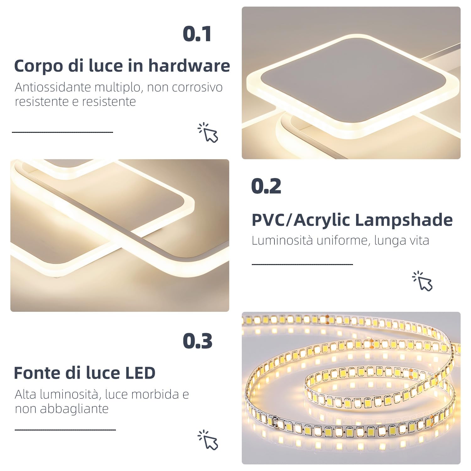 FUPE Plafoniera LED Soffitto - 43W Lampada Soffitto 4180LM Moderna a 3 Quadratische Luce Fredda 4000K per Soggiorno e Camera in Alluminio e Acrilico per Cucina Corridoio