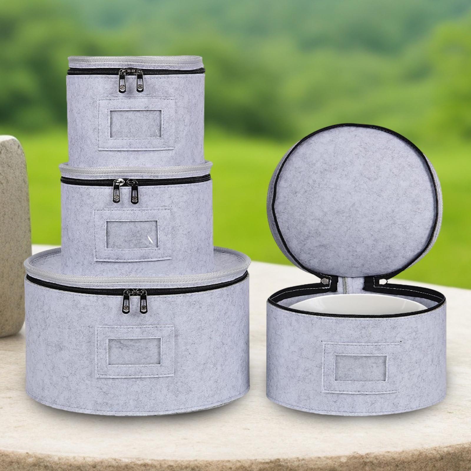 KESOTO Juego de 4 Recipientes para Utensilios de Cocina, Organizador de Vajilla y Vasos con Tapa, Organizador de Platos para Casa y Camping, Gris Claro