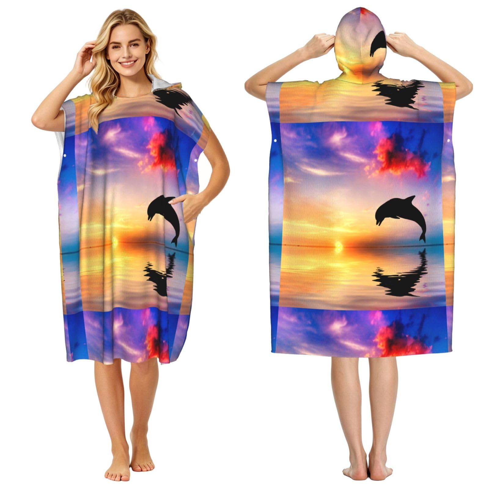 Poadnly Dolphin Jumping, Adult Hooded Beach Towel 90 x 110 cm,Changing Bath Robe, Surf Poncho Towel For Women Men