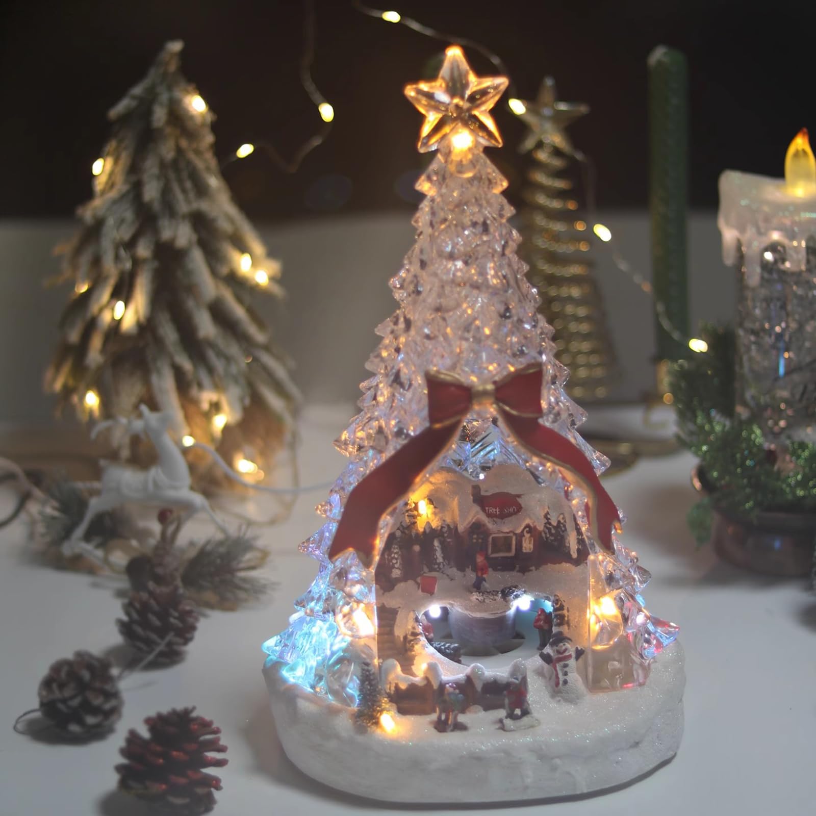 Figura de árbol de Navidad con caja musical, interior giratorio iluminado y luces de ensueño, 8 pistas de música de Navidad intercambiables para decoración del hogar o escritorio de sala de estar