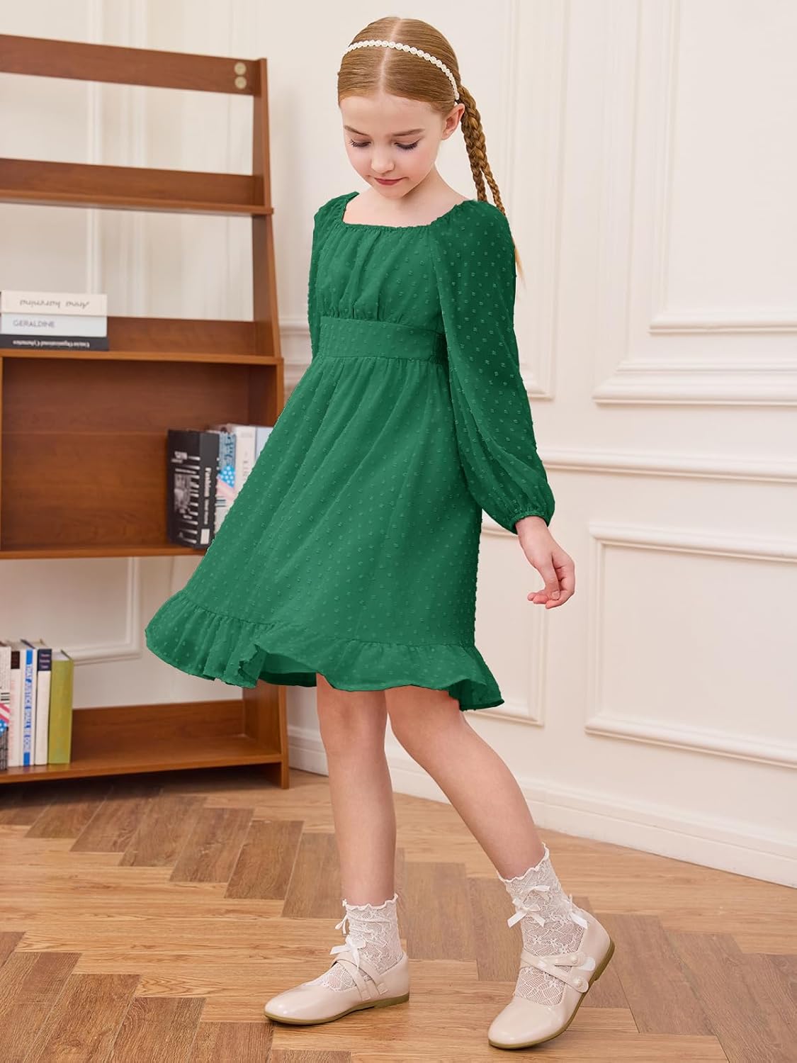 Haloumoning Girls Long Sleeve Dress Kids Ruffle Tiered Dress Swiss Dot Flowy A Line Dresses 5-14 Years - Image 4