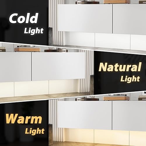 Miniatura 5 de Soporte flotante de TV de 63 pulgadas, consola de TV de alto brillo con luces LED, mesa consola de TV de montaje en pared con 3 cajones de alto