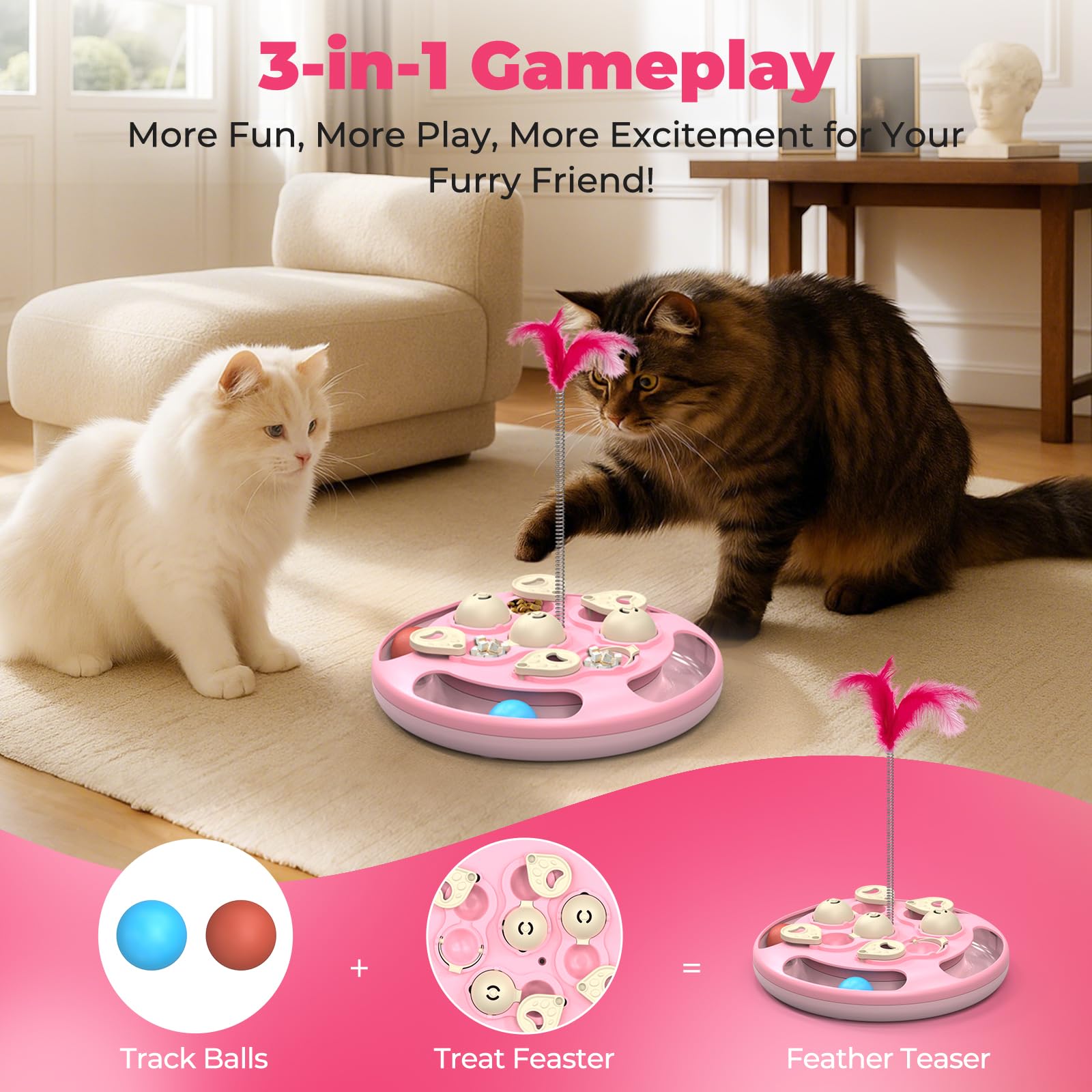 Juguetes y juegos de rompecabezas para gatos, nivel 3 en 1 con bolas de seguimiento, juguete de plumas y alimentador de golosinas, base antideslizante, par de enriquecimiento de estimulación