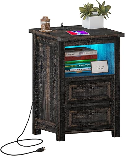 Wodeer Mesita de noche LED con estación de carga, mesa auxiliar de granja con 2 cajones de almacenamiento y puertos USB y tomas, mesita de noche