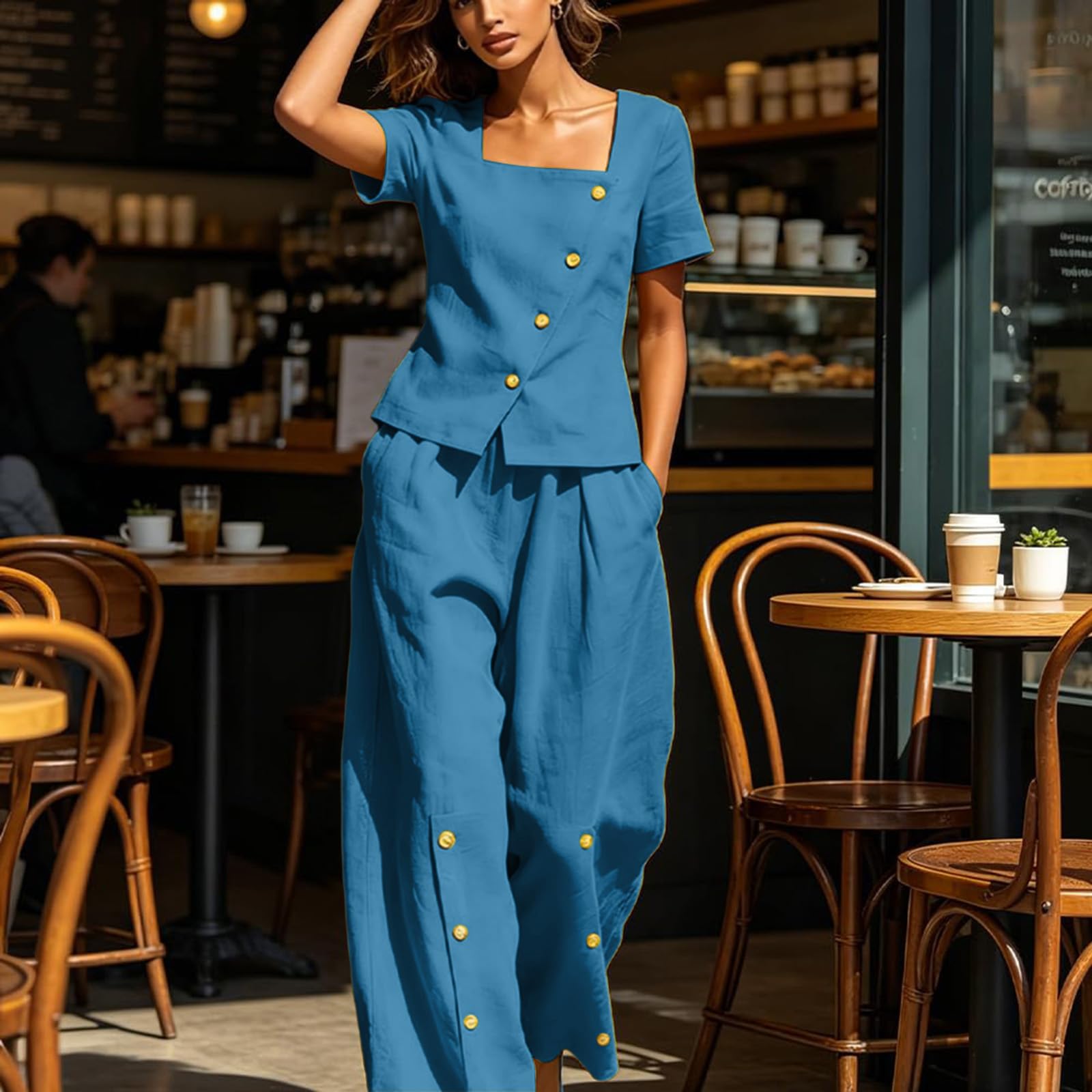 hausanzug damen Lässiges und modisches Damen Set aus kurzem Ärmel, weitem Bein, eckigem Ausschnitt, schräger Vorderseite, seitlicher Knopfleiste und eckiger Hose mit eckigem hosenanzug (Blue, XL)