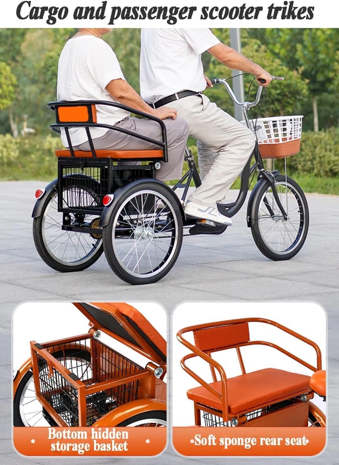 Rowery Turystyczne Typu Cruiser Z Siedzeniem Pasażera, Skuter Dla Osób Starszych, Trójkołowy Rower Z Hamulcem, Wózek Zakupowy, Riksza, Rower Z Pedałami, Black, 20inch