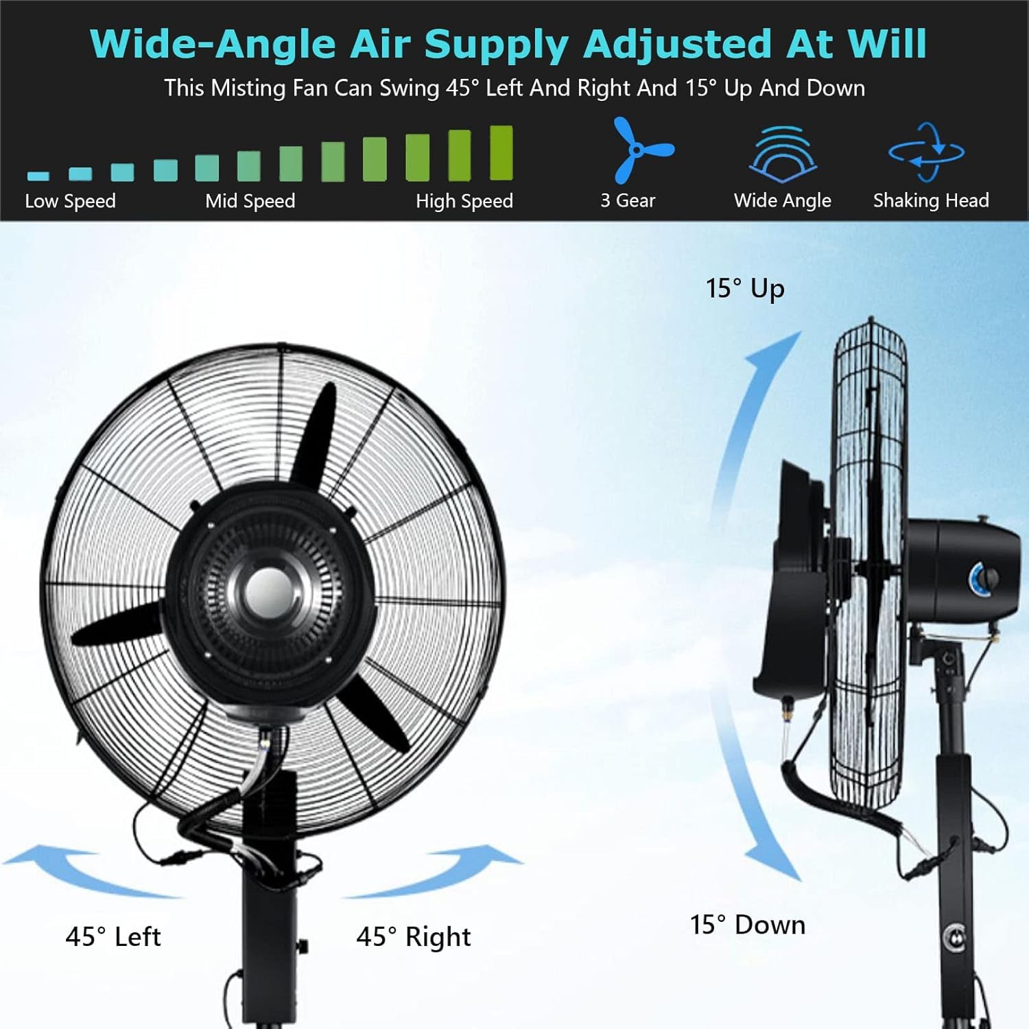 Ventilateur brumisateur à 3 Vitesses de Refroidissement et réservoir de 45 litres, Ventilateur sur Pied à Hauteur réglable pour Garage, Atelier ou Espace de Travail – Solution de refroidisse