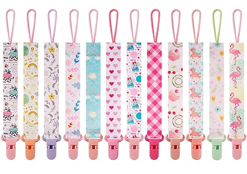 Paquete de 12 clips para chupete con correa de 10.0 in, juego de soportes para chupetes de bebé de poliéster de alta calidad, clips multidiseño para