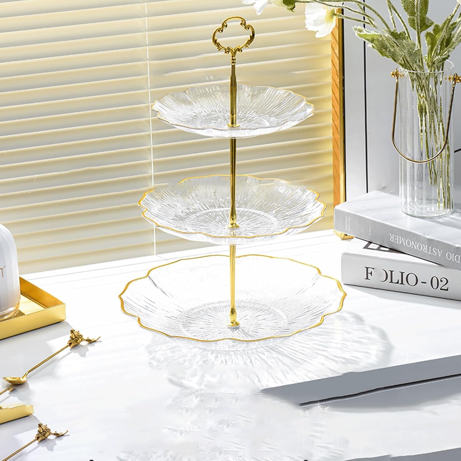 BeSmit™ Three-Layer Fruit Golden Platter, (Material - Acrylic Fiber and Metal), Serving Tray, 3 Tier Dessert Tower, for Wedding Birthday, Baby Shower, Tea Party, Kitty Party (3-Layer)