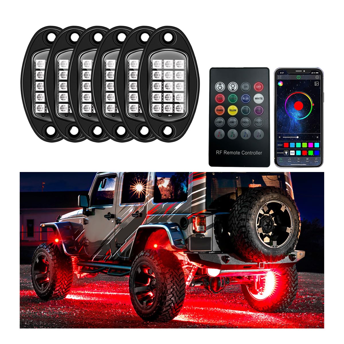 6 Pods Rock Lights for Car, Multi Color RGB LED Rock Lights Kit with APP & Remote Control, Music Mode, Waterproof Underglow Neon Light for Pickup Truck SUV, Car Accessories
