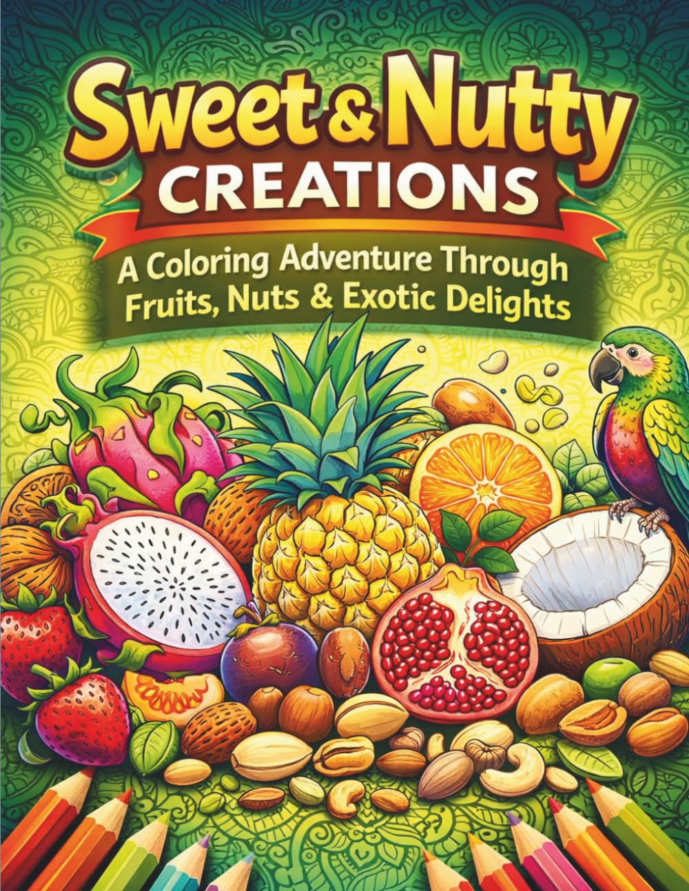 Sweet & Nutty Creations: A Coloring Adventure Through Fruits, Nuts & Exotic Delights