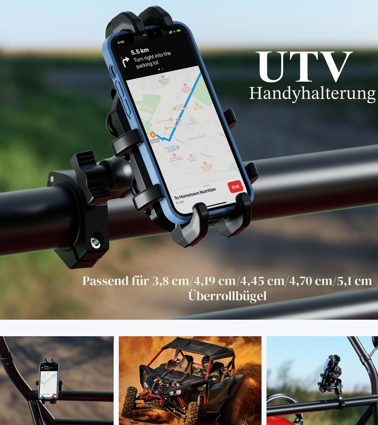 BRCOVAN UTV Handyhalterung mit Vibrationsdämpfer | Verstellbar UTV Handyhalter, Anti-Shake, für 1,5''/1,65''/1,75''/1,85''/2'' Überrollkäfigstange, für 5,4''-7,2'' Smartphone