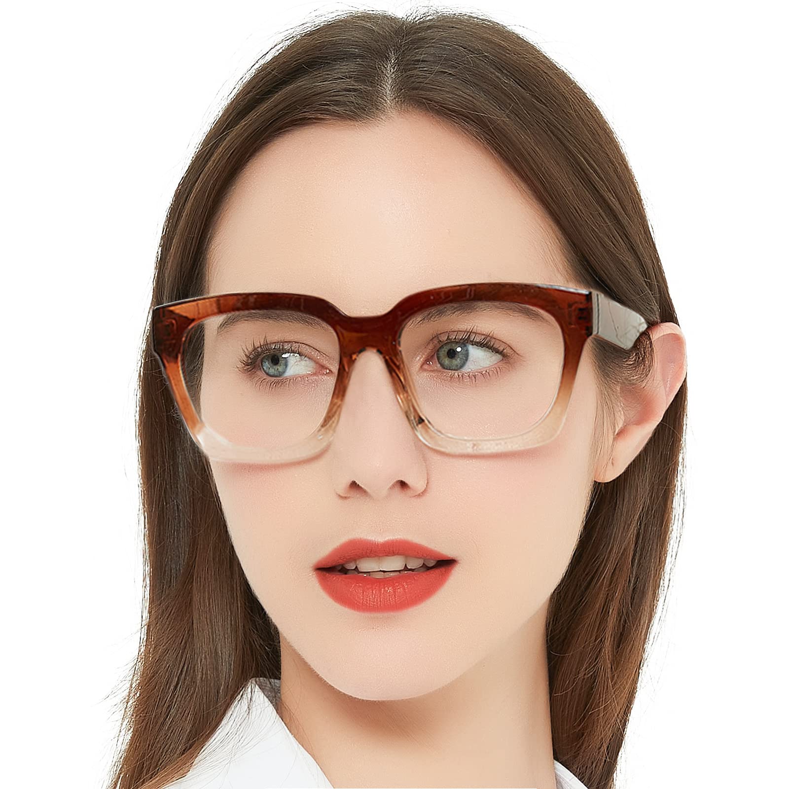 OCCI CHIARI Womens Thick Frame Plain Glass Spectacles Blue Light Blocking Glasses for Women Stylish Square Glasses (Progressive Shade Brown 0)
