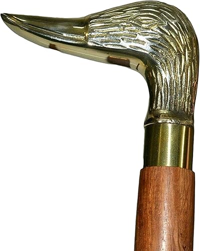 Hassanhandicrafts - Bastón con cabeza de pato, latón antiguo, mango de madera, ajustable, sólido, 36 pulgadas, para personas mayores