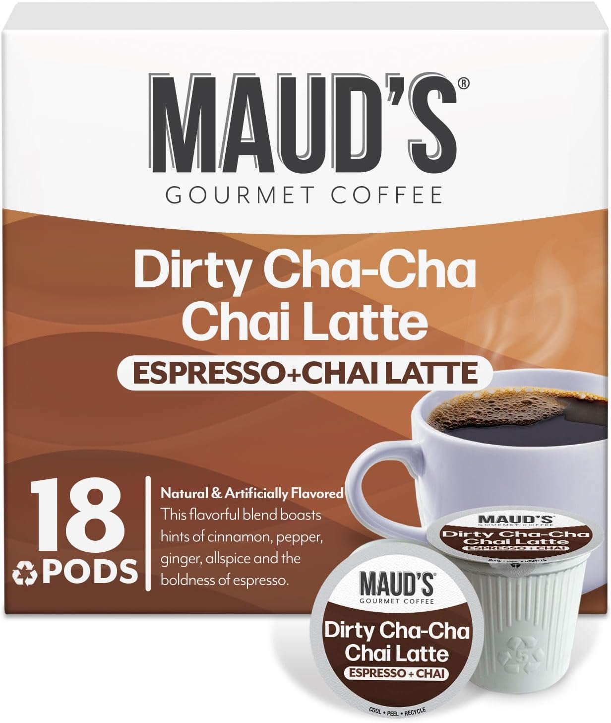 Maud's Espresso Chai Tea Latte Pods, 18 ct, Recyclable Single Serve Tea Pods - 100% Gourmet Blended Tea Leaves, Compatible with Keurig K Cups Maker