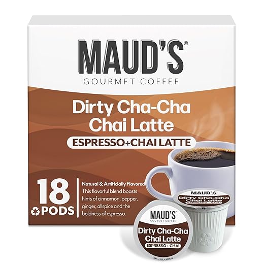Maud's Espresso Chai Tea Latte Pods, 18 ct, Single Serve Tea Pods - 100% Gourmet Blended Tea Leaves, Compatible with Keurig K Cups Maker