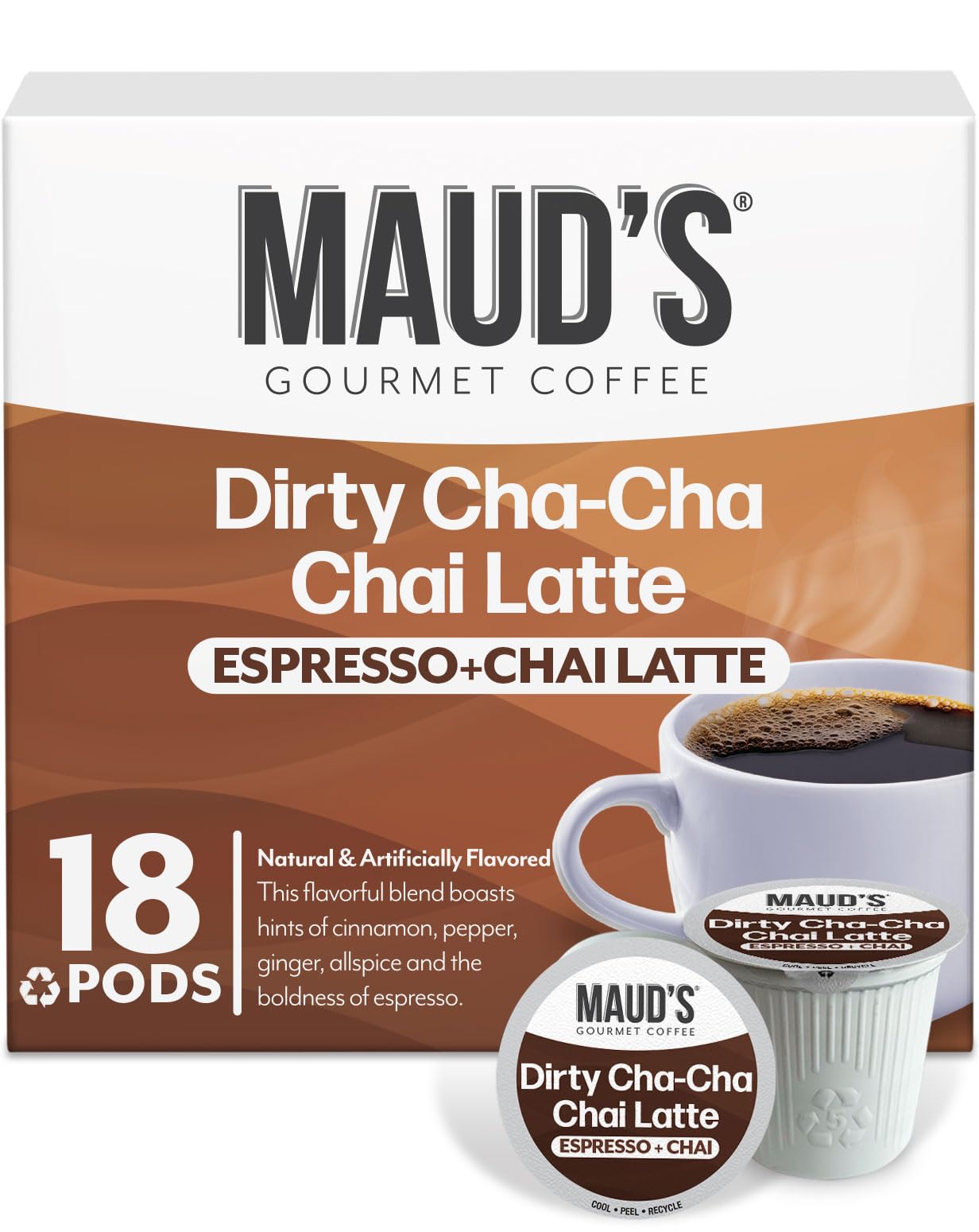 Maud's Espresso Chai Tea Latte Pods, 18 ct, Recyclable Single Serve Tea Pods - 100% Gourmet Blended Tea Leaves, Compatible with Keurig K Cups Maker