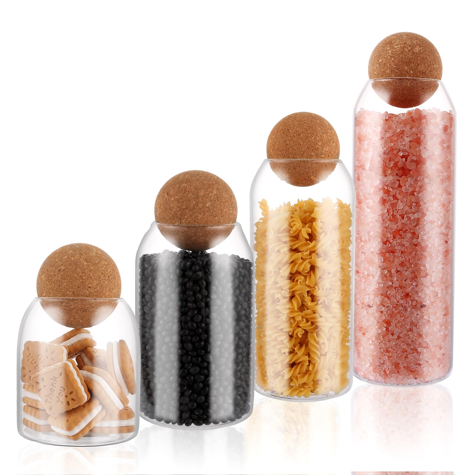 DAJAVE Juego de 4 tarros con bola de corcho, 1500 ml+1200 ml+800 ml+500 ml, cristal transparente apto para alimentos, tarros con tapa para café, especias, azúcar, café, galletas