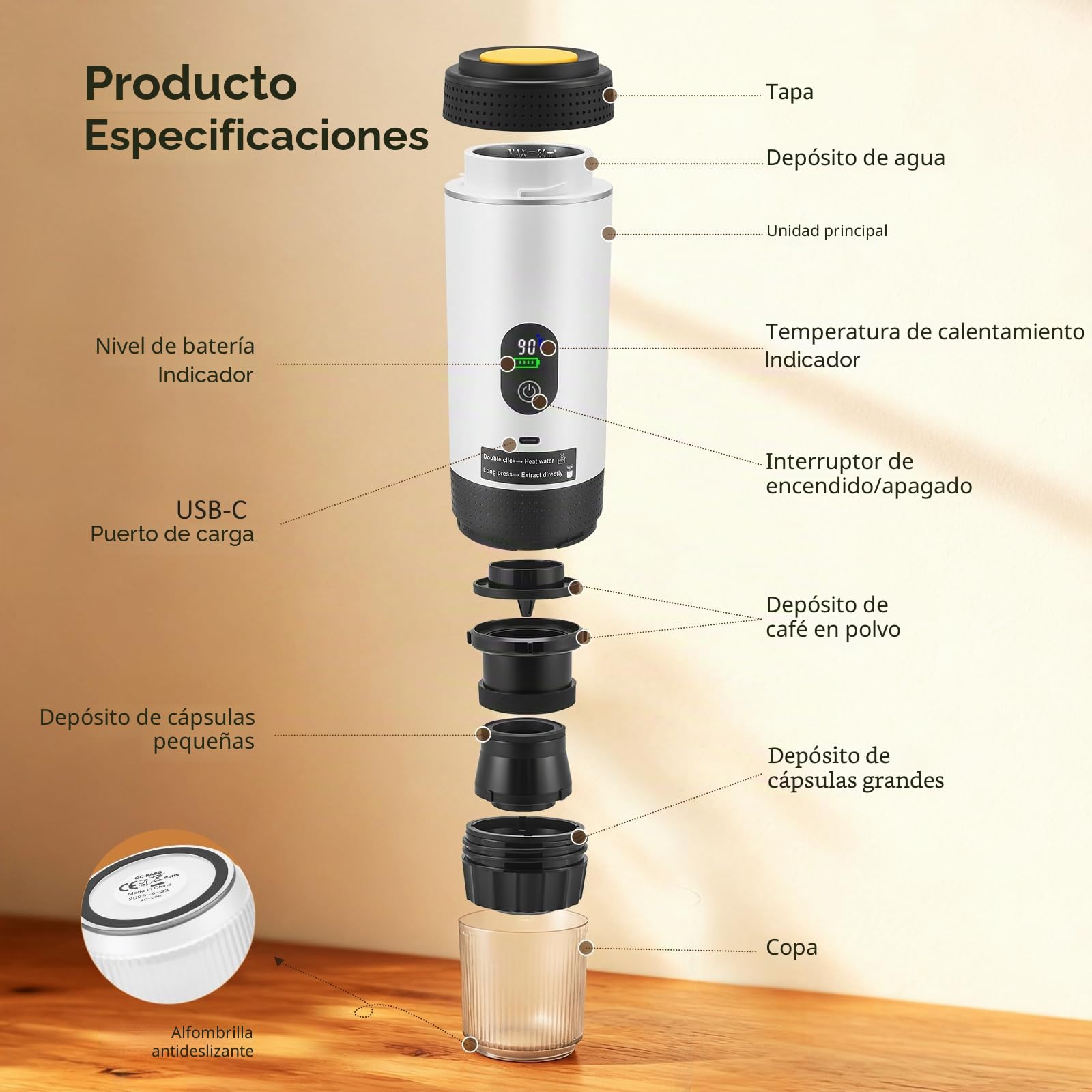 Minicafetera portátil 3 en 1 con batería - Cafetera espresso para coche USB-C - Compatible con cápsulas y café molido - Ideal para camping, autocaravanas y regalos de viaje, color blanco