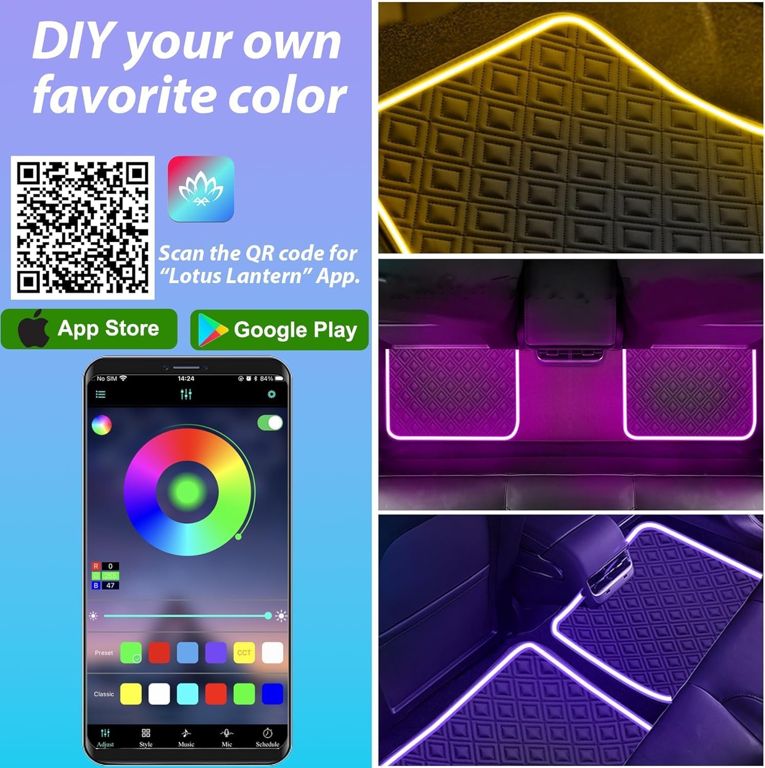 Car Floor Mats with Led Strip Light, Universal Fit Black Automotive Carpet, RGB App Control Car Floor Mats with Ambient Light,Faux Leather Anti-Slip Waterproof Car Decor Accessories for SUV,Sedan Etc.