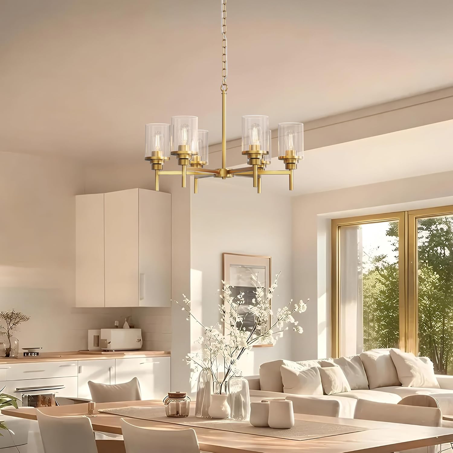DORESshop 6-Light Gold Chandeliers for Dining Room, Adjustable Height Modern Farmhouse Chandelier with Clear Glass Shade for Living Room, Bedroom, Kitchen Island and Foyer Entryway