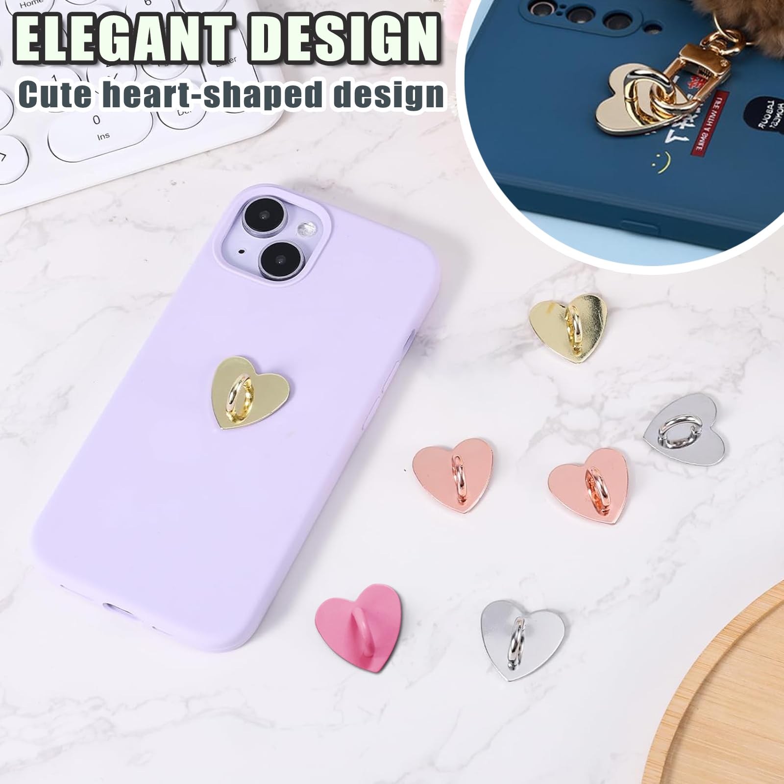 Handy-Charm-Haken, herzförmig, universal, selbstklebend, Metallhaken, Handy-Schlüsselanhänger, Oberflächenbeschichtung, Herz, Handy-Ringhalter, geeignet für Handyhüllen, Tablets, DIY-Zubehör (Gold)