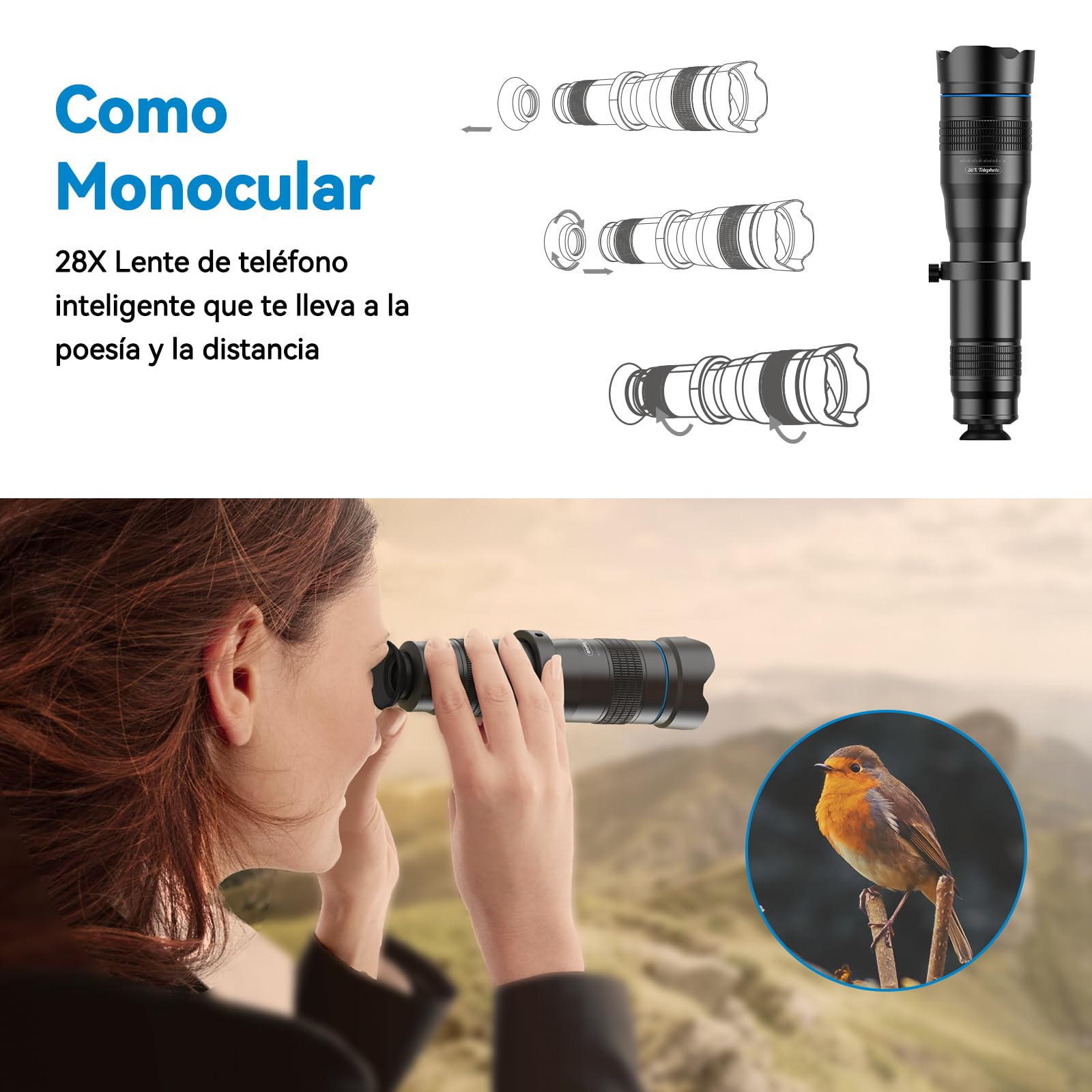 Apexel HD Móvil Lentes para Teléfono Inteligente, 28X Zoom Lente Teleobjetivo con Obturador para Móvil iPhone Samsung, Huawei, Xiaomi, teléfono Android, Telescopio Monocular