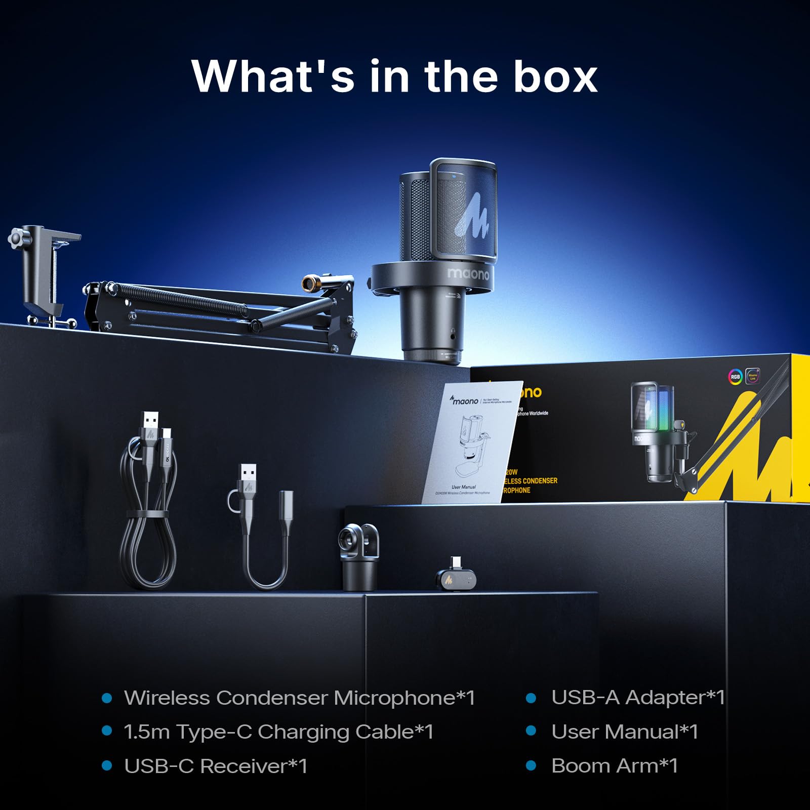 MAONO DGM20WS Wireless Mikrofon für PC, USB Mikrofon mit Mikrofonarm für Gaming & Streaming, Touch-Geräuschunterdrückung, Schnell-Stummschaltung, Gain-Regelung, RGB, Mikrofon für PS5, Twitch & Discord