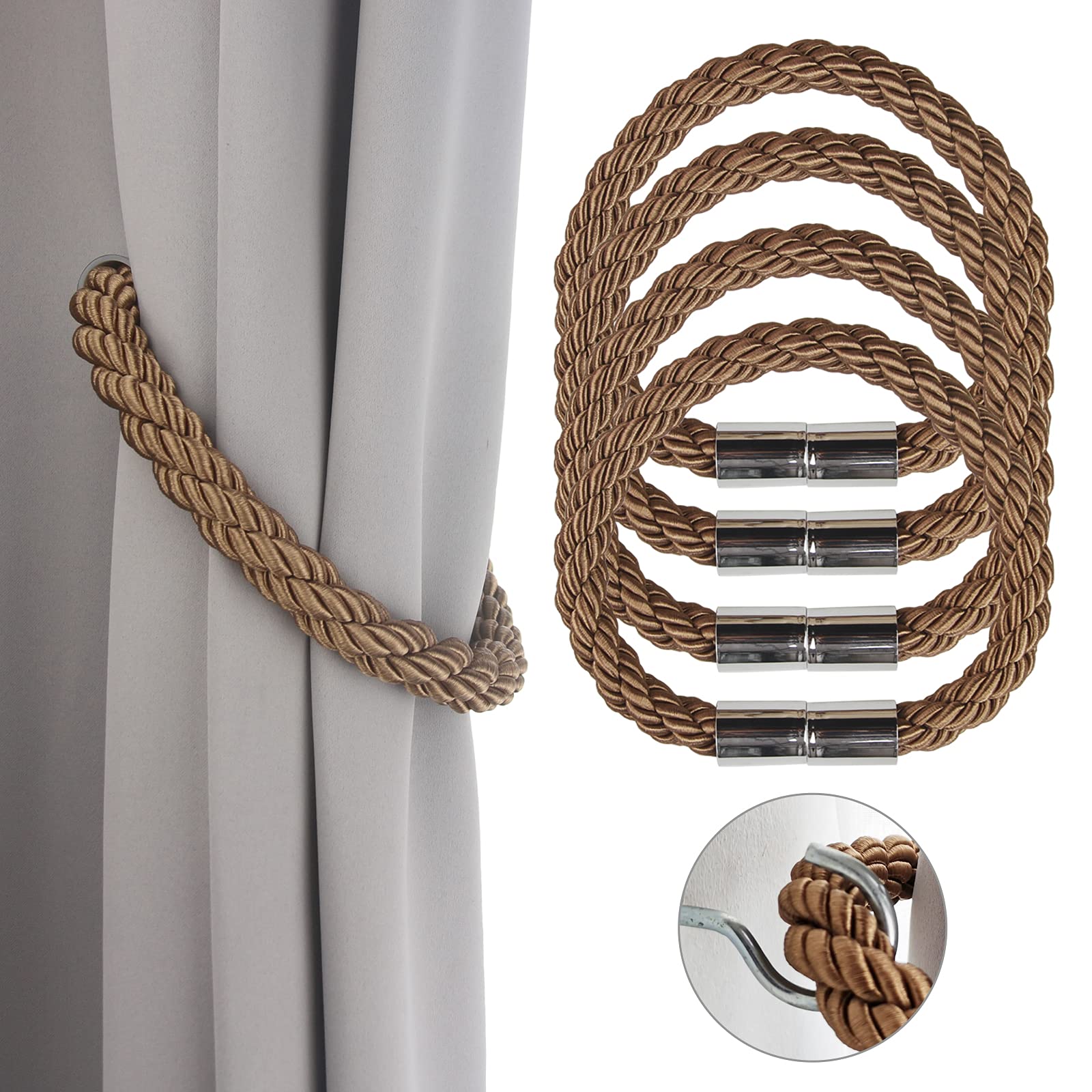 Lot de 4 embrasses de rideaux magnétiques robustes et décoratives en corde kaki de 50 cm pour rideaux fins ou épais avec crochets en métal, légèrement lourdes