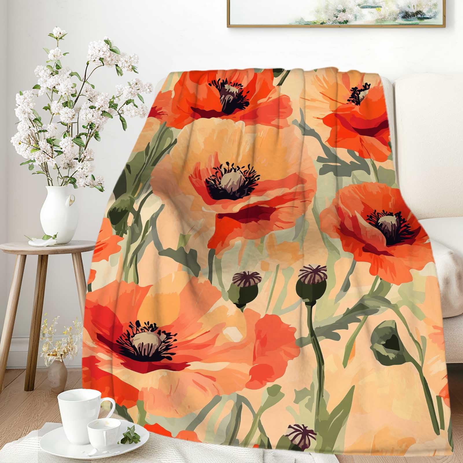 VronTaliy Poppy Floral Throw Blanket, Soft Fleece Blanket with Orange Poppy Flower Pattern, Lightweight Blanket for Bed, Couch, or Sofa, Perfect for